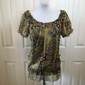 IZ Byer Boho Peasant Top Tunic Khaki India Print L